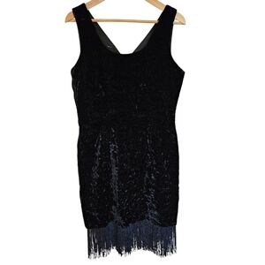 Vintage black crushed velvet fringe mini‎ dress